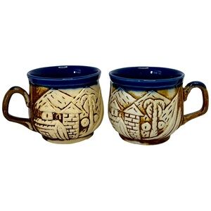 Vintage Pair of Rustic Blue and Brown Ceramic Espresso Mugs with Tahitian Scene